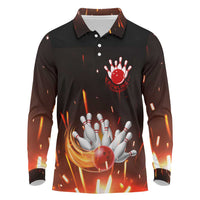 Personalized Bowling Ball and Pins Long Sleeve Polo Shirt Fiery Motion Trail and Spark Effect Design - Wonder Print Shop