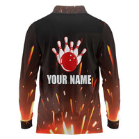 Personalized Bowling Ball and Pins Long Sleeve Polo Shirt Fiery Motion Trail and Spark Effect Design - Wonder Print Shop