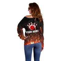 Personalized Bowling Ball and Pins Off Shoulder Sweater Fiery Motion Trail and Spark Effect Design - Wonder Print Shop