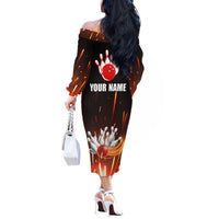 Personalized Bowling Ball and Pins Off The Shoulder Long Sleeve Dress Fiery Motion Trail and Spark Effect Design - Wonder Print Shop