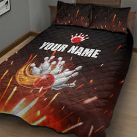 Personalized Bowling Ball and Pins Quilt Bed Set Fiery Motion Trail and Spark Effect Design - Wonder Print Shop
