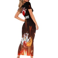 Personalized Bowling Ball and Pins Short Sleeve Bodycon Dress Fiery Motion Trail and Spark Effect Design - Wonder Print Shop