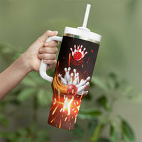 Personalized Bowling Ball and Pins Tumbler With Handle Fiery Motion Trail and Spark Effect Design - Wonder Print Shop