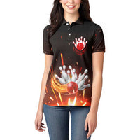 Personalized Bowling Ball and Pins Women Polo Shirt Fiery Motion Trail and Spark Effect Design - Wonder Print Shop