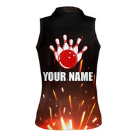 Personalized Bowling Ball and Pins Women Sleeveless Polo Shirt Fiery Motion Trail and Spark Effect Design - Wonder Print Shop