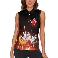 Personalized Bowling Ball and Pins Women Sleeveless Polo Shirt Fiery Motion Trail and Spark Effect Design - Wonder Print Shop
