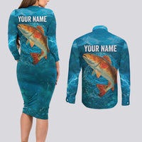 Personalized Redfish Puppy Drum Leaping in Ocean Splash Couples Matching Long Sleeve Bodycon Dress and Long Sleeve Button Shirt Blue Lightning Water Background Design - Wonder Print Shop