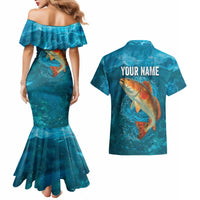 Personalized Redfish Puppy Drum Leaping in Ocean Splash Couples Matching Mermaid Dress and Hawaiian Shirt Blue Lightning Water Background Design - Wonder Print Shop