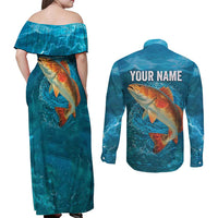 Personalized Redfish Puppy Drum Leaping in Ocean Splash Couples Matching Off Shoulder Maxi Dress and Long Sleeve Button Shirt Blue Lightning Water Background Design - Wonder Print Shop