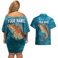 Personalized Redfish Puppy Drum Leaping in Ocean Splash Couples Matching Off Shoulder Short Dress and Hawaiian Shirt Blue Lightning Water Background Design - Wonder Print Shop