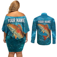 Personalized Redfish Puppy Drum Leaping in Ocean Splash Couples Matching Off Shoulder Short Dress and Long Sleeve Button Shirt Blue Lightning Water Background Design - Wonder Print Shop