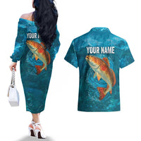 Personalized Redfish Puppy Drum Leaping in Ocean Splash Couples Matching Off The Shoulder Long Sleeve Dress and Hawaiian Shirt Blue Lightning Water Background Design - Wonder Print Shop
