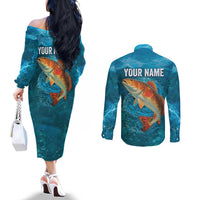 Personalized Redfish Puppy Drum Leaping in Ocean Splash Couples Matching Off The Shoulder Long Sleeve Dress and Long Sleeve Button Shirt Blue Lightning Water Background Design - Wonder Print Shop