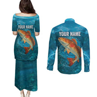 Personalized Redfish Puppy Drum Leaping in Ocean Splash Couples Matching Puletasi and Long Sleeve Button Shirt Blue Lightning Water Background Design - Wonder Print Shop
