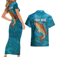 Personalized Redfish Puppy Drum Leaping in Ocean Splash Couples Matching Short Sleeve Bodycon Dress and Hawaiian Shirt Blue Lightning Water Background Design - Wonder Print Shop