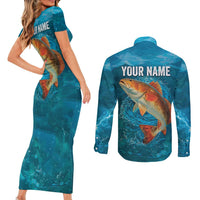 Personalized Redfish Puppy Drum Leaping in Ocean Splash Couples Matching Short Sleeve Bodycon Dress and Long Sleeve Button Shirt Blue Lightning Water Background Design - Wonder Print Shop