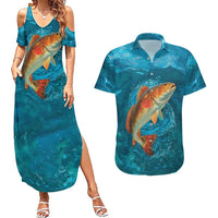 Personalized Redfish Puppy Drum Leaping in Ocean Splash Couples Matching Summer Maxi Dress and Hawaiian Shirt Blue Lightning Water Background Design - Wonder Print Shop