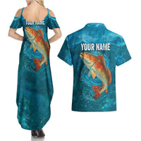 Personalized Redfish Puppy Drum Leaping in Ocean Splash Couples Matching Summer Maxi Dress and Hawaiian Shirt Blue Lightning Water Background Design - Wonder Print Shop