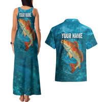 Personalized Redfish Puppy Drum Leaping in Ocean Splash Couples Matching Tank Maxi Dress and Hawaiian Shirt Blue Lightning Water Background Design - Wonder Print Shop