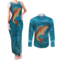 Personalized Redfish Puppy Drum Leaping in Ocean Splash Couples Matching Tank Maxi Dress and Long Sleeve Button Shirt Blue Lightning Water Background Design - Wonder Print Shop