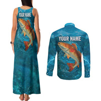 Personalized Redfish Puppy Drum Leaping in Ocean Splash Couples Matching Tank Maxi Dress and Long Sleeve Button Shirt Blue Lightning Water Background Design - Wonder Print Shop
