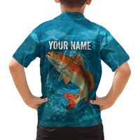 Personalized Redfish Puppy Drum Leaping in Ocean Splash Family Matching Long Sleeve Bodycon Dress and Hawaiian Shirt Blue Lightning Water Background Design - Wonder Print Shop