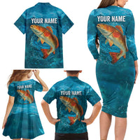 Personalized Redfish Puppy Drum Leaping in Ocean Splash Family Matching Long Sleeve Bodycon Dress and Hawaiian Shirt Blue Lightning Water Background Design - Wonder Print Shop