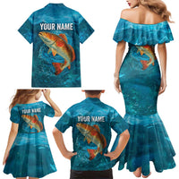 Personalized Redfish Puppy Drum Leaping in Ocean Splash Family Matching Mermaid Dress and Hawaiian Shirt Blue Lightning Water Background Design - Wonder Print Shop
