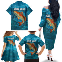 Personalized Redfish Puppy Drum Leaping in Ocean Splash Family Matching Off The Shoulder Long Sleeve Dress and Hawaiian Shirt Blue Lightning Water Background Design - Wonder Print Shop