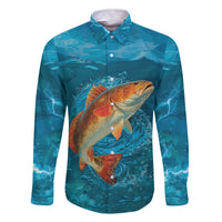 Personalized Redfish Puppy Drum Leaping in Ocean Splash Family Matching Off The Shoulder Long Sleeve Dress and Hawaiian Shirt Blue Lightning Water Background Design - Wonder Print Shop