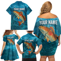 Personalized Redfish Puppy Drum Leaping in Ocean Splash Family Matching Off Shoulder Short Dress and Hawaiian Shirt Blue Lightning Water Background Design - Wonder Print Shop