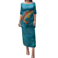 Personalized Redfish Puppy Drum Leaping in Ocean Splash Family Matching Puletasi and Hawaiian Shirt Blue Lightning Water Background Design - Wonder Print Shop