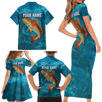 Personalized Redfish Puppy Drum Leaping in Ocean Splash Family Matching Short Sleeve Bodycon Dress and Hawaiian Shirt Blue Lightning Water Background Design - Wonder Print Shop