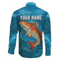 Personalized Redfish Puppy Drum Leaping in Ocean Splash Family Matching Short Sleeve Bodycon Dress and Hawaiian Shirt Blue Lightning Water Background Design - Wonder Print Shop