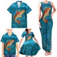 Personalized Redfish Puppy Drum Leaping in Ocean Splash Family Matching Tank Maxi Dress and Hawaiian Shirt Blue Lightning Water Background Design - Wonder Print Shop
