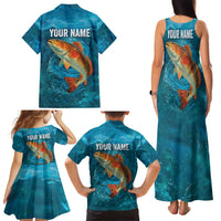 Personalized Redfish Puppy Drum Leaping in Ocean Splash Family Matching Tank Maxi Dress and Hawaiian Shirt Blue Lightning Water Background Design - Wonder Print Shop