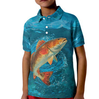 Personalized Redfish Puppy Drum Leaping in Ocean Splash Kid Polo Shirt Blue Lightning Water Background Design - Wonder Print Shop