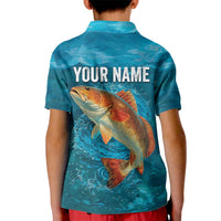 Personalized Redfish Puppy Drum Leaping in Ocean Splash Kid Polo Shirt Blue Lightning Water Background Design - Wonder Print Shop
