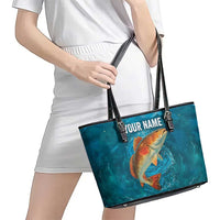 Personalized Redfish Puppy Drum Leaping in Ocean Splash Leather Tote Bag Blue Lightning Water Background Design - Wonder Print Shop