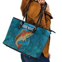 Personalized Redfish Puppy Drum Leaping in Ocean Splash Leather Tote Bag Blue Lightning Water Background Design - Wonder Print Shop