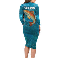 Personalized Redfish Puppy Drum Leaping in Ocean Splash Long Sleeve Bodycon Dress Blue Lightning Water Background Design - Wonder Print Shop