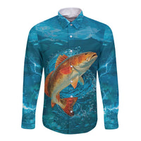 Personalized Redfish Puppy Drum Leaping in Ocean Splash Long Sleeve Button Shirt Blue Lightning Water Background Design - Wonder Print Shop