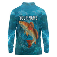 Personalized Redfish Puppy Drum Leaping in Ocean Splash Long Sleeve Polo Shirt Blue Lightning Water Background Design - Wonder Print Shop