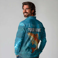 Personalized Redfish Puppy Drum Leaping in Ocean Splash Long Sleeve Polo Shirt Blue Lightning Water Background Design - Wonder Print Shop