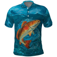 Personalized Redfish Puppy Drum Leaping in Ocean Splash Polo Shirt Blue Lightning Water Background Design - Wonder Print Shop