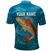 Personalized Redfish Puppy Drum Leaping in Ocean Splash Polo Shirt Blue Lightning Water Background Design - Wonder Print Shop