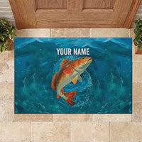 Personalized Redfish Puppy Drum Leaping in Ocean Splash Rubber Doormat Blue Lightning Water Background Design - Wonder Print Shop