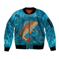 Personalized Redfish Puppy Drum Leaping in Ocean Splash Sleeve Zip Bomber Jacket Blue Lightning Water Background Design - Wonder Print Shop