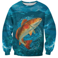 Personalized Redfish Puppy Drum Leaping in Ocean Splash Sweatshirt Blue Lightning Water Background Design - Wonder Print Shop