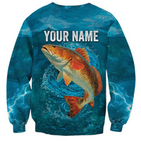 Personalized Redfish Puppy Drum Leaping in Ocean Splash Sweatshirt Blue Lightning Water Background Design - Wonder Print Shop